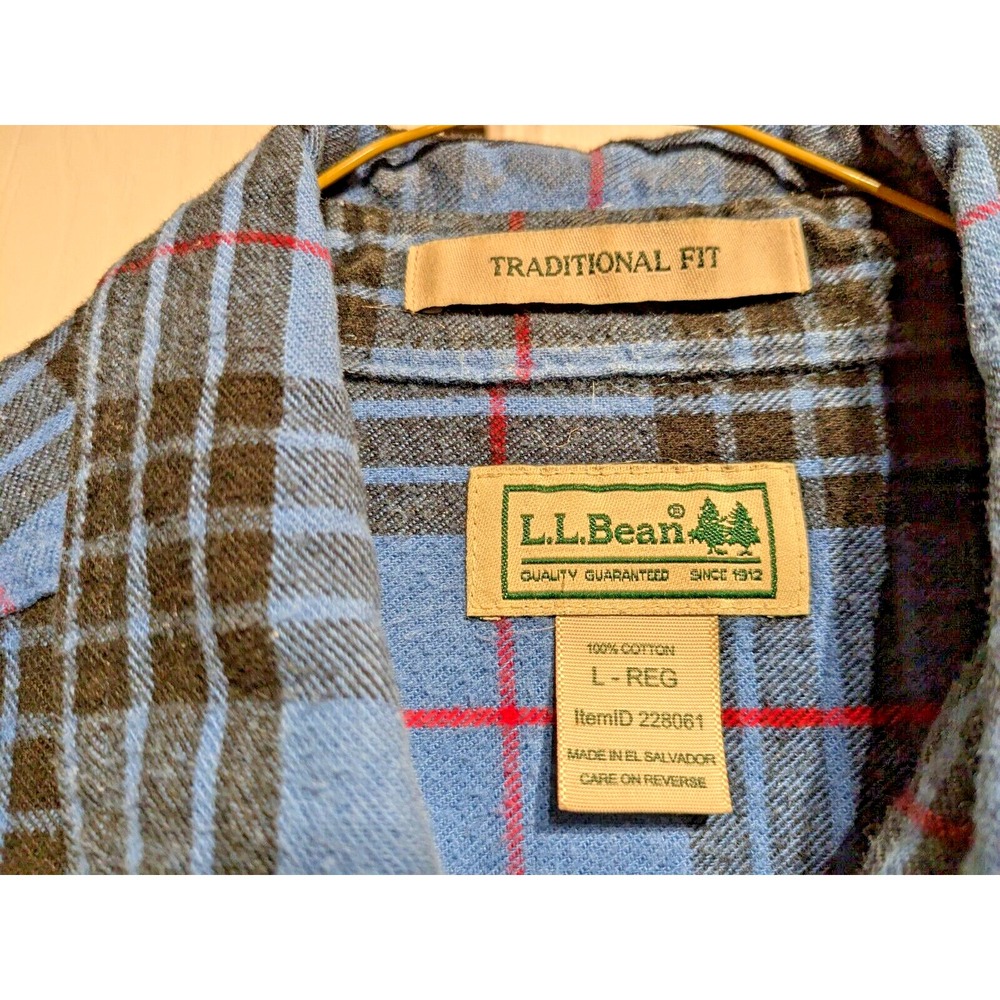 VTG LL Bean Men Traditional Fit Plaid Blue/Red Holiday Flannel Shirt Sz L Cotton - Picture 5 of 16
